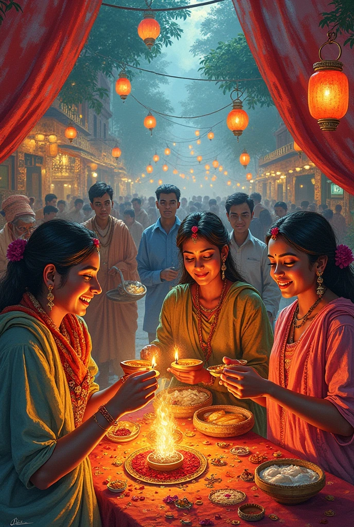 Create a vibrant handmade drawing representing a religious festival. The scene should include traditional elements such as decorations, people celebrating, and cultural symbols like lanterns, diyas, or festive foods. The setting should be a lively and colorful environment, capturing the joy and spirit of the festival, with detailed patterns, intricate designs, and warm lighting