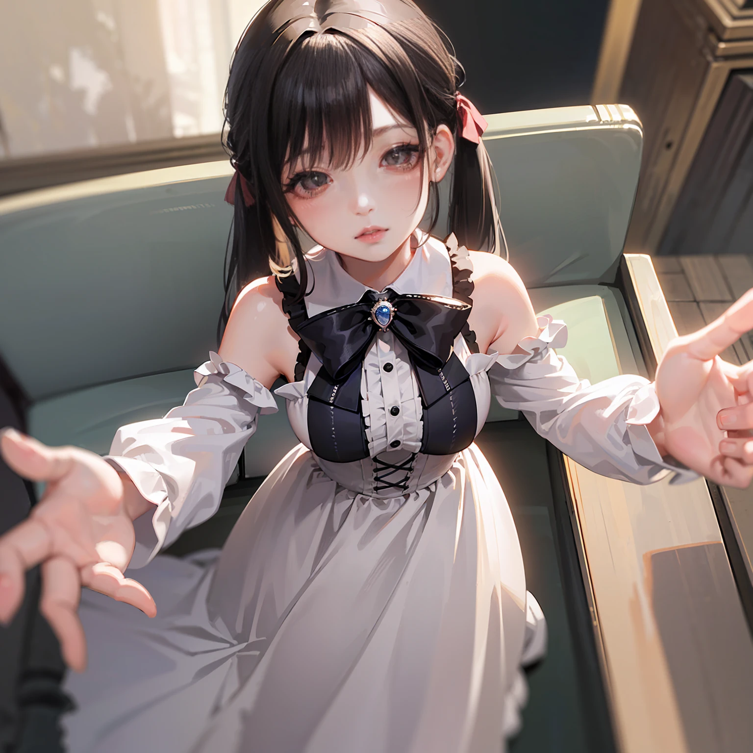 (8k, RAW Photos, Very delicate and beautiful, Ultra-high resolution, Highest quality, masterpiece: 1.2), (Real、Photorealistic: 1.4), (Highly detailed 8K wallpapers, 3d), Cute girl like a doll, highly detailed dress, Gothic, Lolita, Big ribbon, Twin tails, Blunt bangs, Highly detailed glossy black hair, Transparent white skin, Pink Cheeks, Big, round brown eyes, Tear bags, Long eyelashes, Thin lips, slightly raised corners of the mouth, round face, From above, Looking at the camera, The best light, Perfect composition,