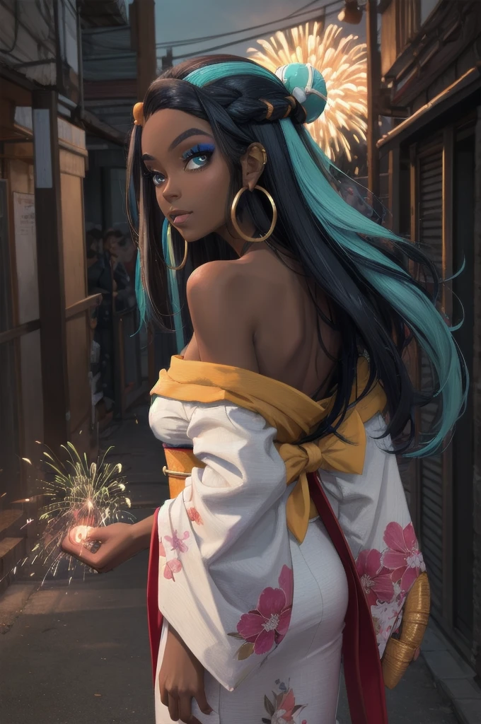 masterpiece, best quality, solo, 1girl, nessarnd, dark skin, makeup, single hair bun, kimono, hoop earrings, bare shoulders, fireworks ,standing