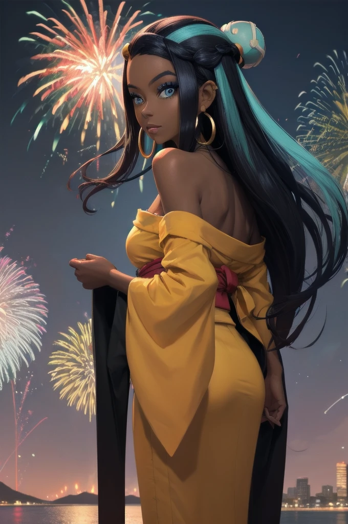 masterpiece, best quality, solo, 1girl, nessarnd, dark skin, makeup, single hair bun, kimono, hoop earrings, bare shoulders, fireworks ,standing