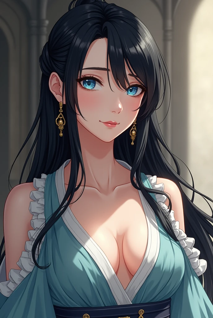 snow-white skin, jet black long hair, sea blue eyes, graceful gold earrings, young woman, extraordinary beauty, slightly reddened cheeks, Antiquity, Kleidungsstil der Antiquity, slightly muscular, big breasts, Antiquity im Hintergrund, anime style
