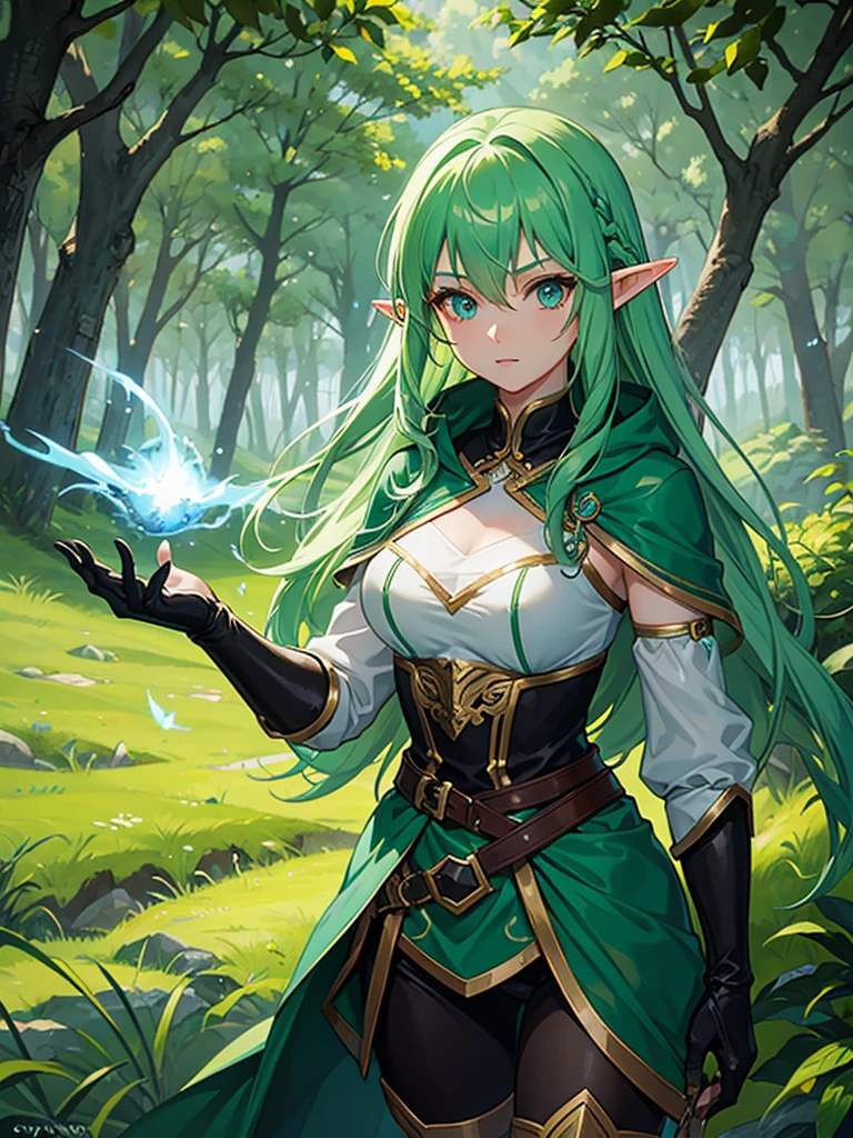 Fantasy female elf Archer in green elf armor in a forest, cyan eyes, black and cyan hair, short hair, two tone hair, forest background,