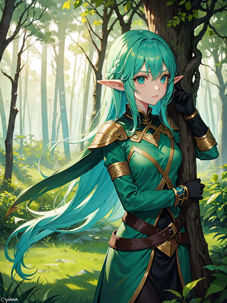 Fantasy female elf Archer in  green elf armor in a forest, cyan eyes, black and cyan hair, short hair, two tone hair,  forest background, 