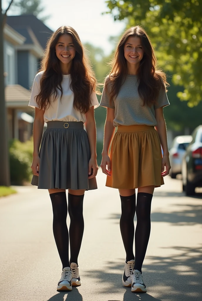 Show entire body, Feet in view, Aerial photography, twins , Brown hair, skirt, black stockings, sneaker, neighborhood, Sunny day, smiling