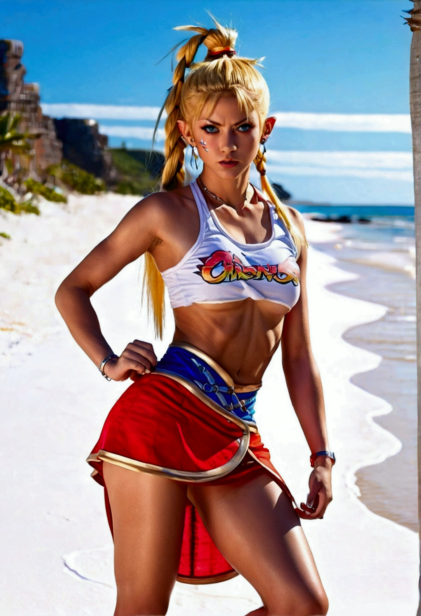 (promotional art), (Kid from Chrono Cross), yellow hair in high ponytail braid, sapphire blue eyes, very slender toned frame, lean and , medium/large bust, flat tummy, very pale white skin, (strong shoulders), fierce expression, BREAK: (tight red micro skirt with extremely high front slit:1.4), (highly cropped red jacket with short sleeves), white crop top under jacket, (underboob showing), BREAK: 1/4 walking pose, on a white sand beach, ocean spray shooting up behind her