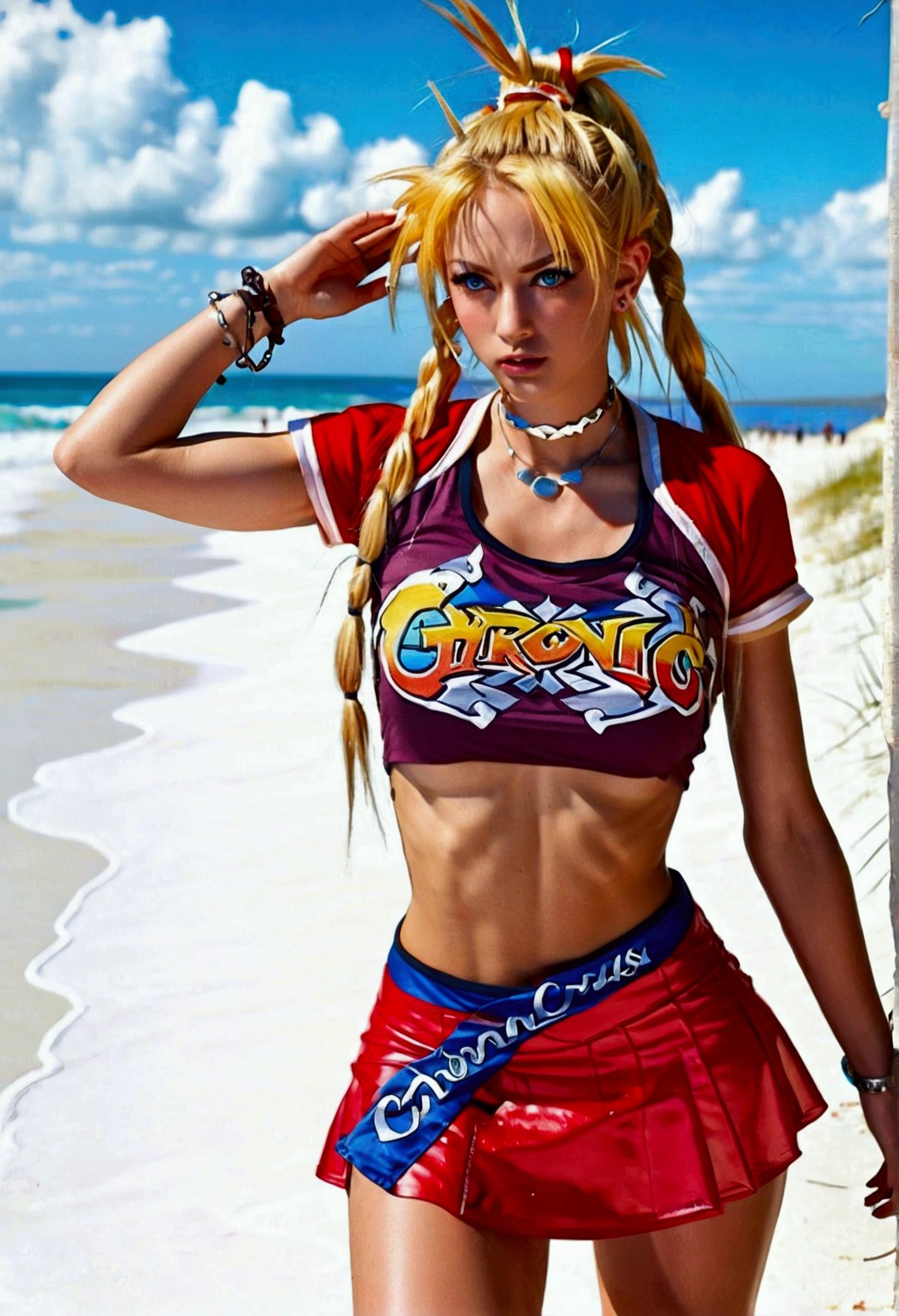 (promotional art), (Kid from Chrono Cross), yellow hair in high ponytail braid, sapphire blue eyes, very slender toned frame, lean and , medium/large bust, flat tummy, very pale white skin, (strong shoulders), fierce expression, BREAK: (tight red micro skirt with extremely high front slit:1.4), (highly cropped red jacket with short sleeves), white crop top under jacket, (underboob showing), BREAK: 1/4 walking pose, on a white sand beach, ocean spray shooting up behind her