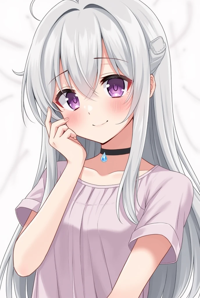 One girl,heart-shaped pupils,nail,put your hand on your face,Gray Hair,Purple eyes,(blush:1.1),choker,Upper Body,trembling,Sweat,Sweatdrop,heart,(Speed Line:1.1),Medium chest, ((Heavy breathing:1.3)), like, heart, Crop top, Happy, smile