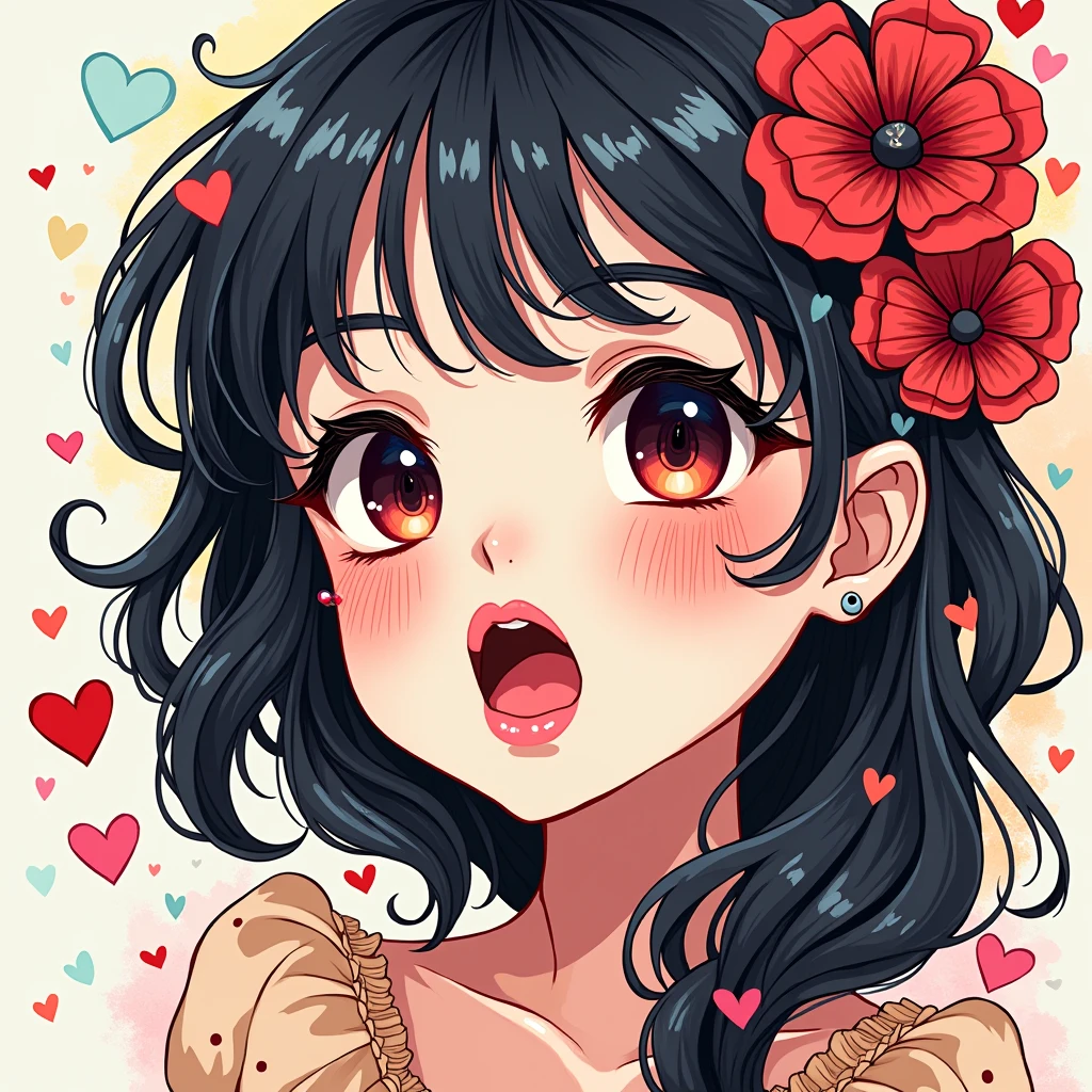 Micho colorful style, Simple Line Initialism,Abstract art,(((The most beautiful girl of all time))), Sweet face. (((Lips in love))), colorful hearts, stylish design, 夏のオシャレなTシャツ, 黒い瞳,