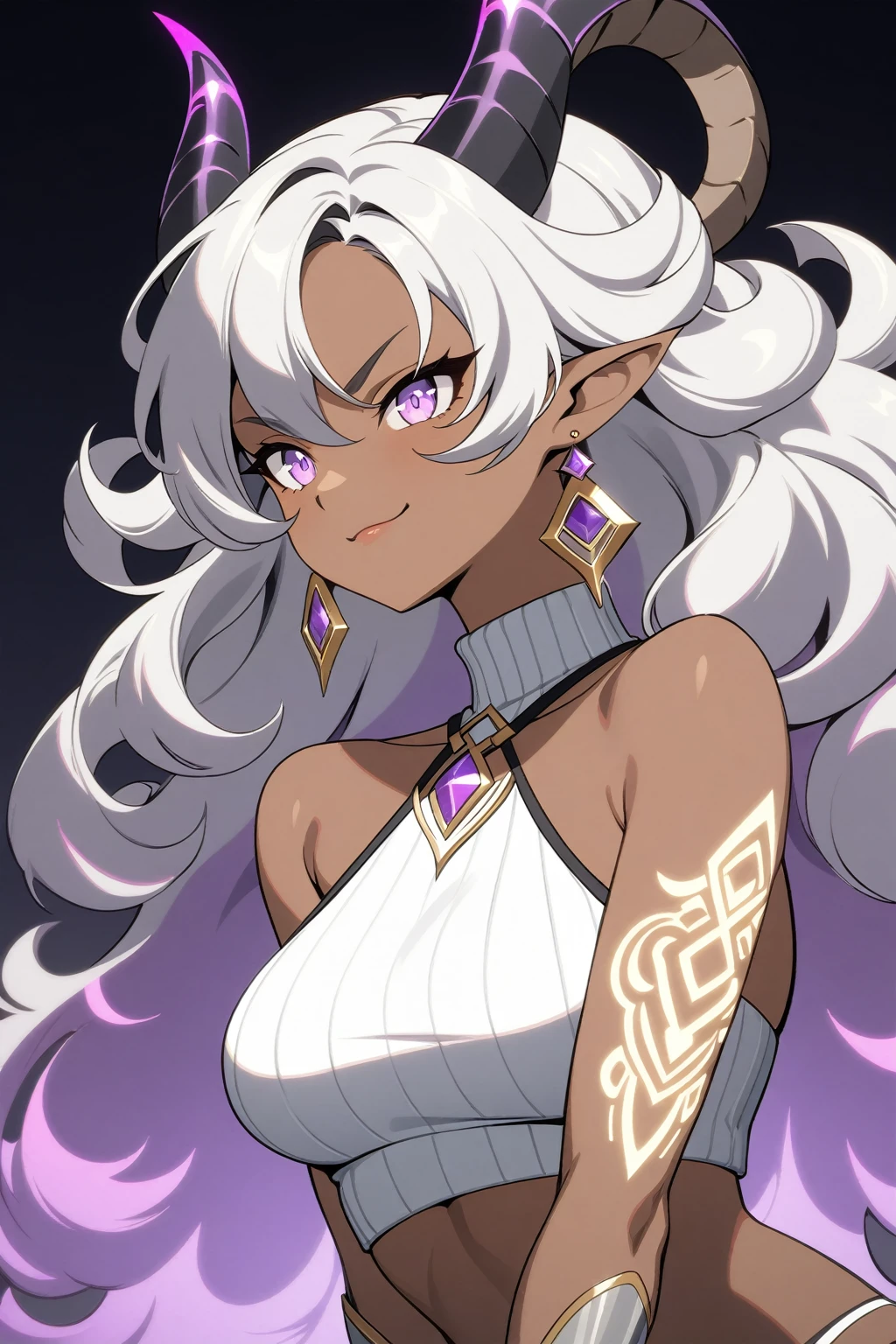 Genshin Impact art style, (dark-skinned woman: 1.4), (silver tattoo sleeve on arms: 1.5), portrait, (curvaceous body: 1.3), medium breasts, wide hips, (large black ram horns: 1.5), (long curly fluffy hairstyle: 1.2), (silver hair: 1.1), glowing violet eyes, very long pointy ears, (amethyst and gold jewelry and earrings: 1.2), black nails, cool expression, small smirk, (white and ribbed halter top with black trimming: 1.5), midriff, (sassy pose: 1.2), purple aura, dark gradient background, (dark lighting: 1.4), 1girl, solo