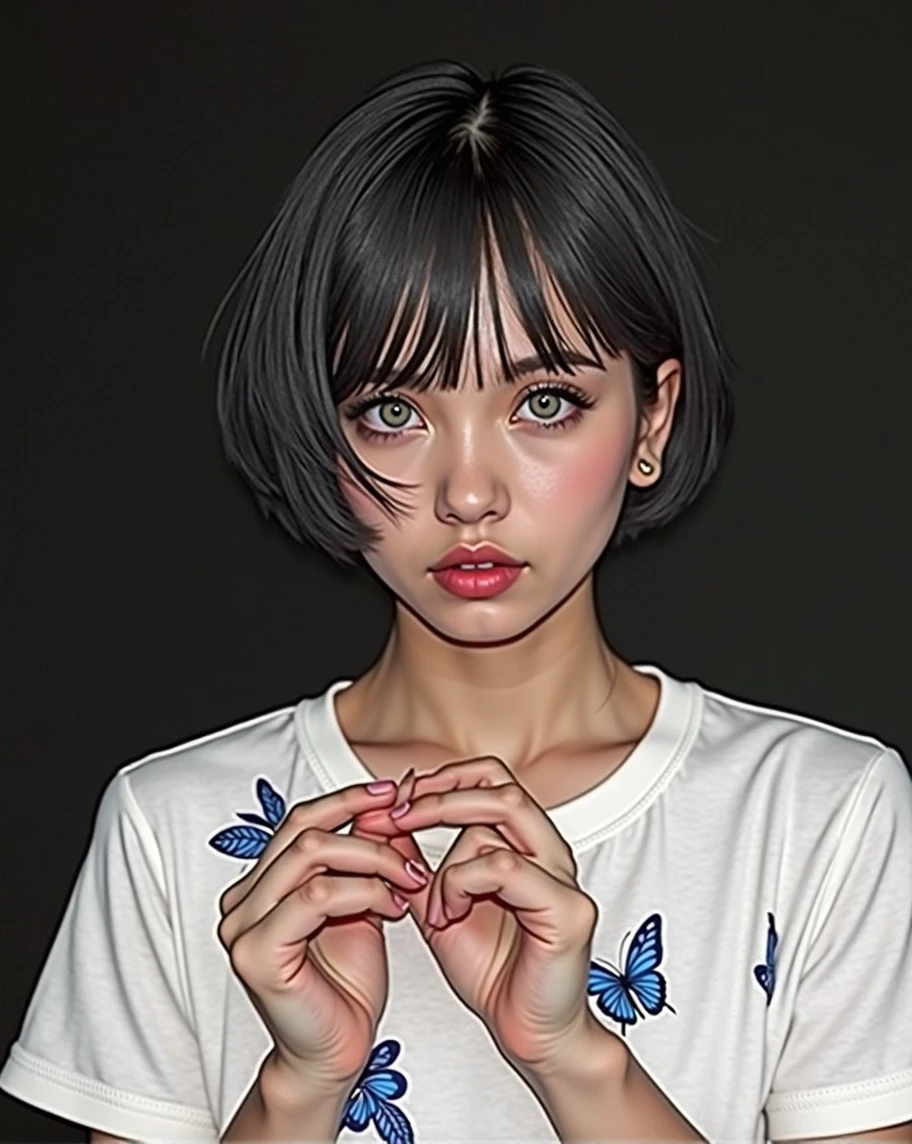 (RAW photo, best quality, masterpiece: 1.2), (photorealistic: 1.4), best lighting, 20 years old, (detail face, detail eyes, light gray eyes, light gray hair, short straight bob cut, Symmetrical eyes :1.3)