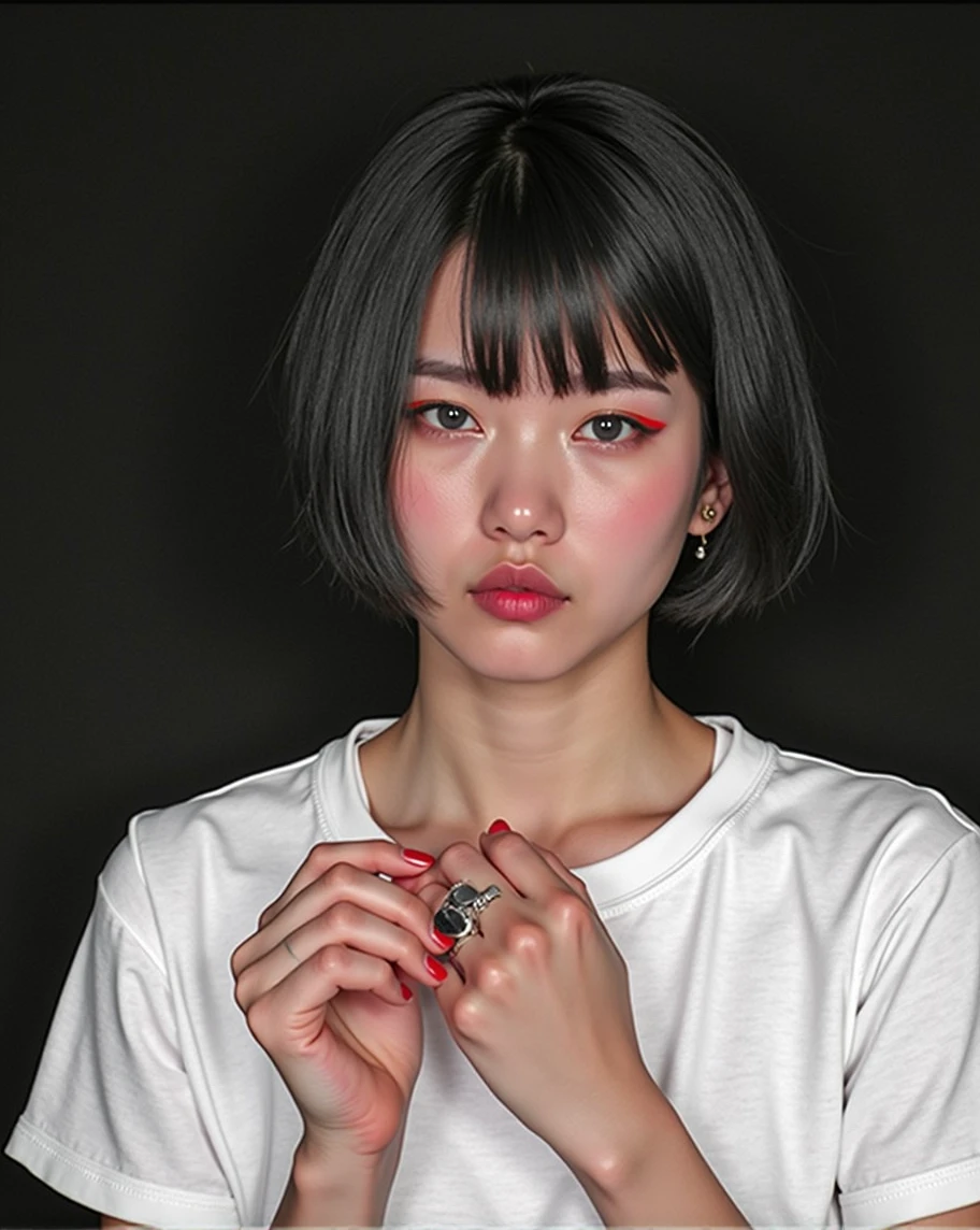 (RAW photo, best quality, masterpiece: 1.2), (photorealistic: 1.4), best lighting, 20 years old, (detail face, detail eyes, light gray eyes, light gray hair, short straight bob cut, Symmetrical eyes :1.3)