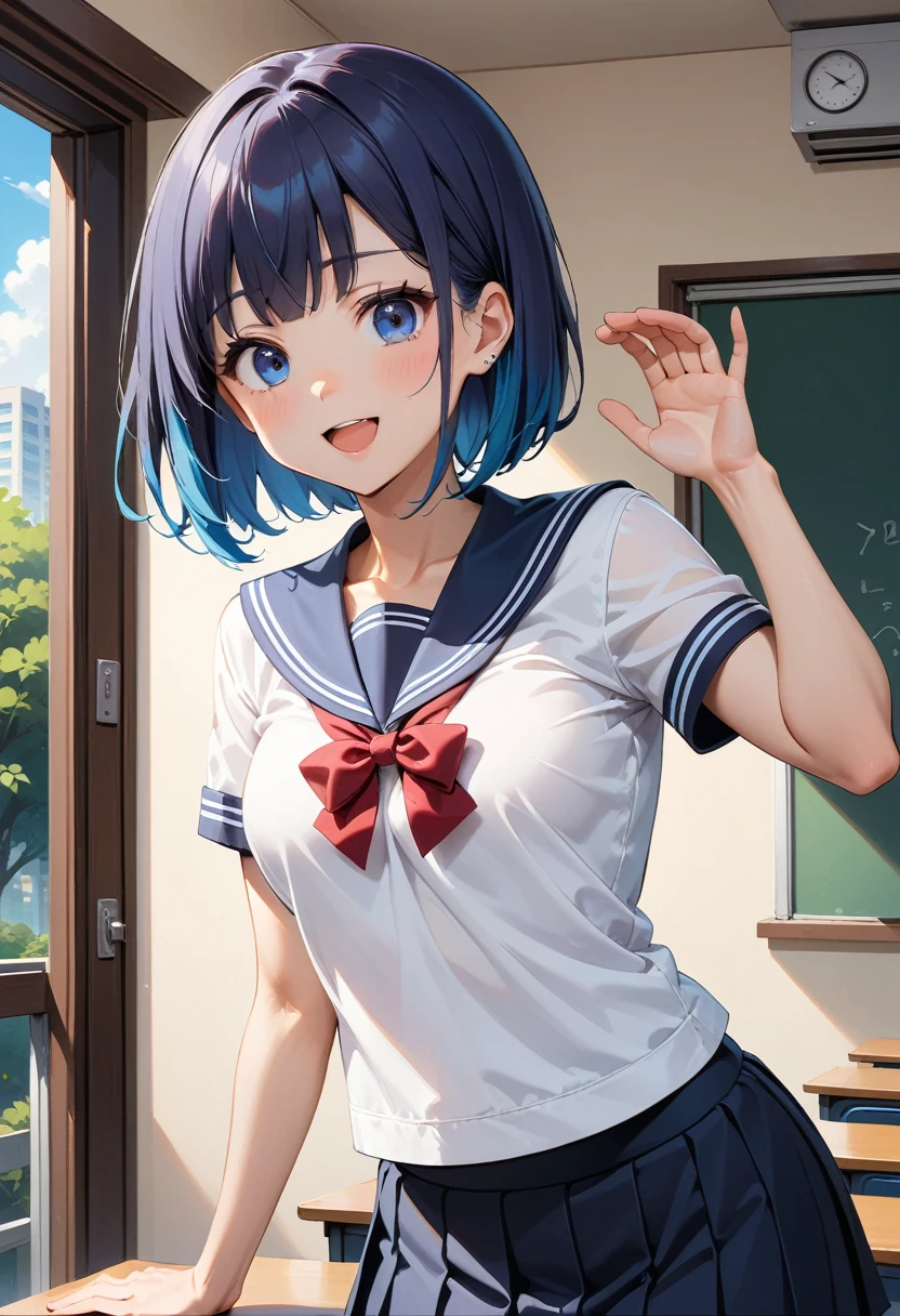 (masterpiece, best quality:1.2), 1girl, solo,(JK, , Sailor suit, Pleated skirt, Striped pants)
, catria,kawaii,mature_female,(navyblue Hair:1.5),Short Hair,Bob,blue eyes,Thin Waist,Small,Toned,small breasts,short stature,classroom,(animated:1.5),(:D:1.5)