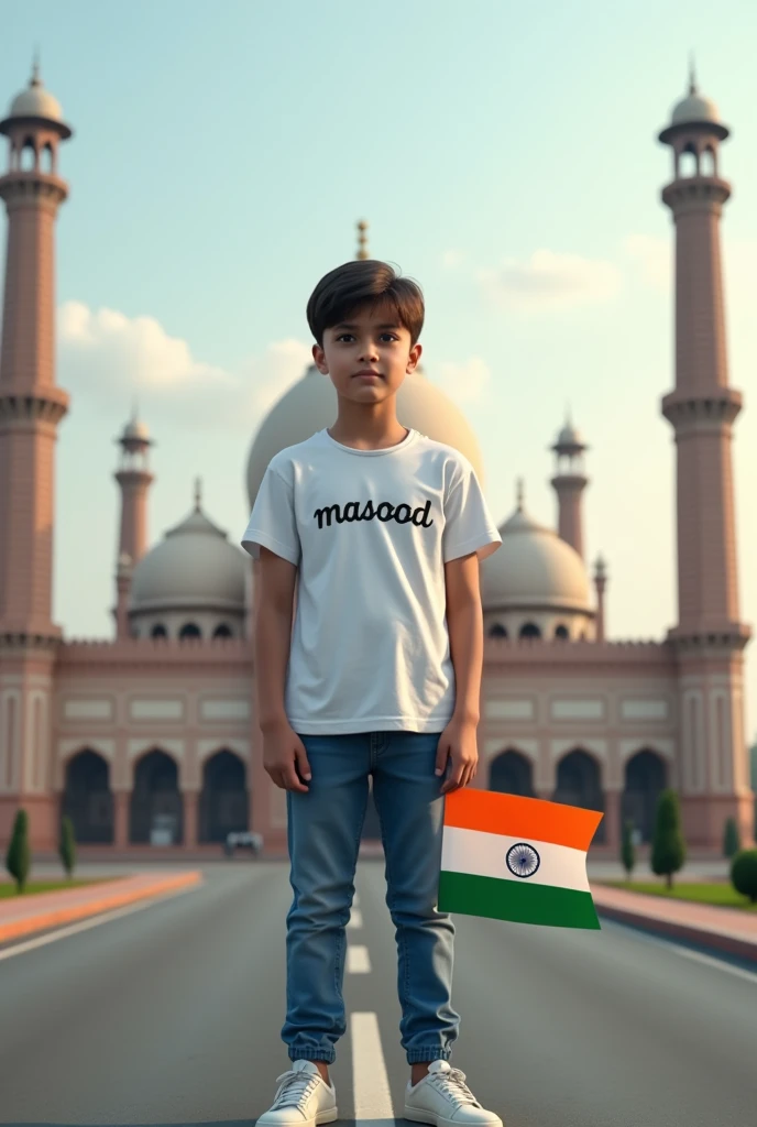 Generate a Realistic boy, Wearing White T shirt blue jeans sneakers and the name "masood" is written on his t-shirt and the boy is standing on the road with holding a national flag of India, and behind him is the jama mosque Delhi. And written on sky "Independence Day" Create Realistic image high quality