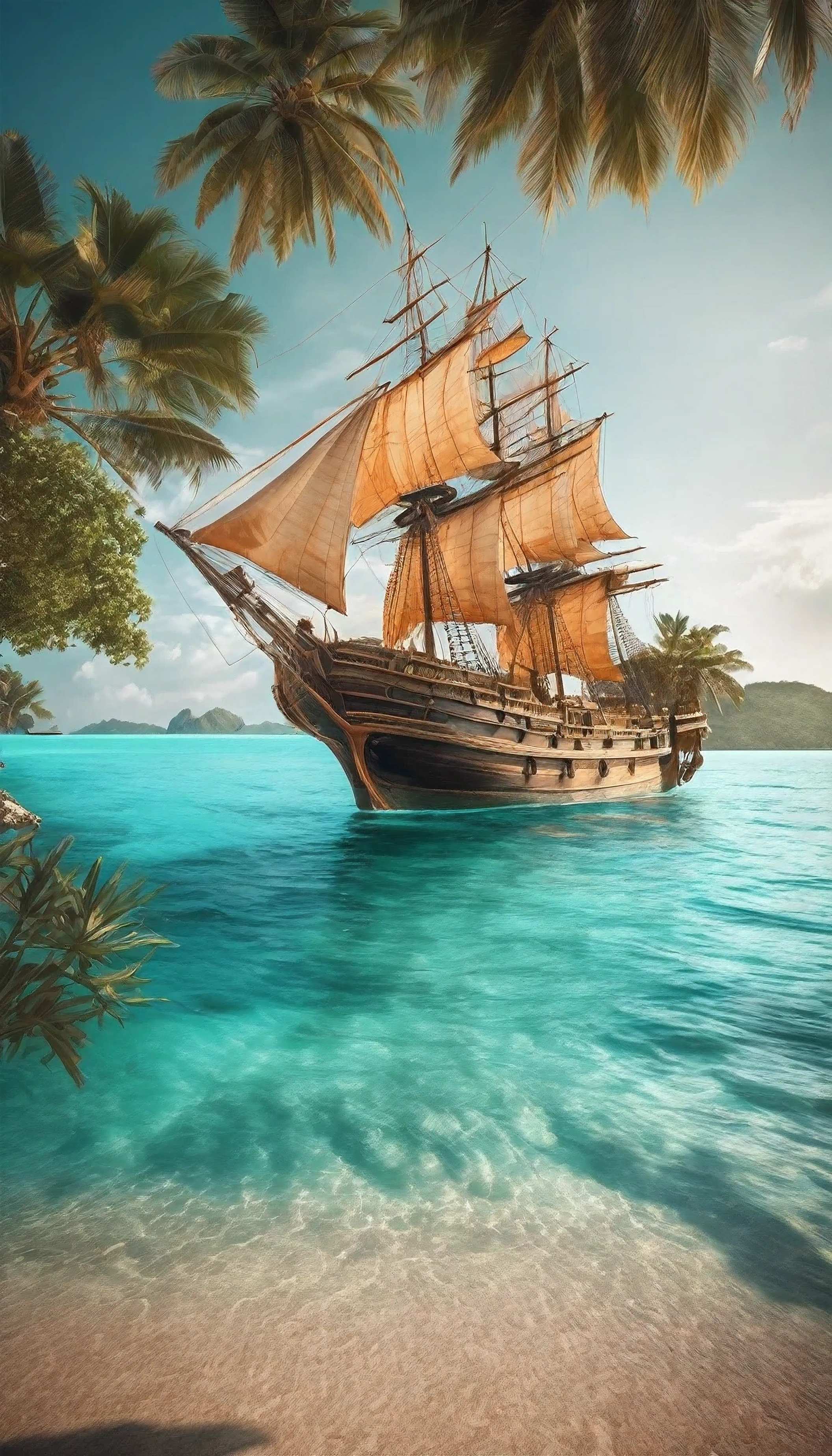 A stunning cinematic photograph of an ancient ship gracefully sailing over the crystal-clear turquoise waters. The ship exudes a sense of history and rich detail, with large sails billowing in the wind. In the distance, a small island with lush greenery and a solitary palm tree is visible. The background sky is a blend of golden hues and warm oranges, creating a serene and idyllic scene., cinematic, photo