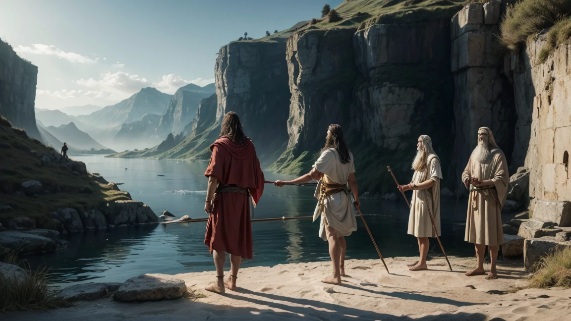 Create a photorealistic scene depicting the biblical account of Moses parting the sea using a staff. Picture Noah standing at the water&#39;s edge, holding a staff high above his head, as gigantic waves broke apart on either side of him. Capture the immense scale and power of water as it forms a dramatic corridor, Showing the forced separation from the sea. Use enlightenment to emphasize the divine nature of the moment, with rays of light breaking through the clouds and casting an ethereal glow. Convey the sense of wonder and reverence that this miraculous event evokes, while highlighting Noah&#39;s pivotal role in fulfilling a divine purpose.