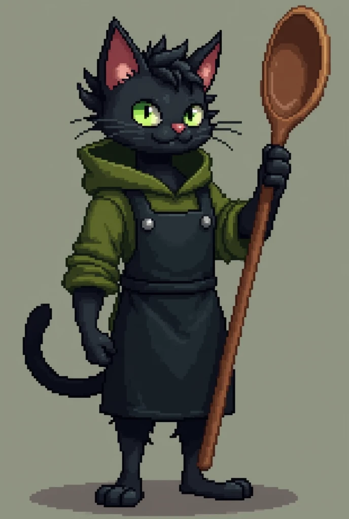 (pixel art 32 bits), skinny male black cat with green eyes, curly medium hair, wearing a olive hoodie covering its face and a black chefs apron, holding a big wooden spoon like a greatsword