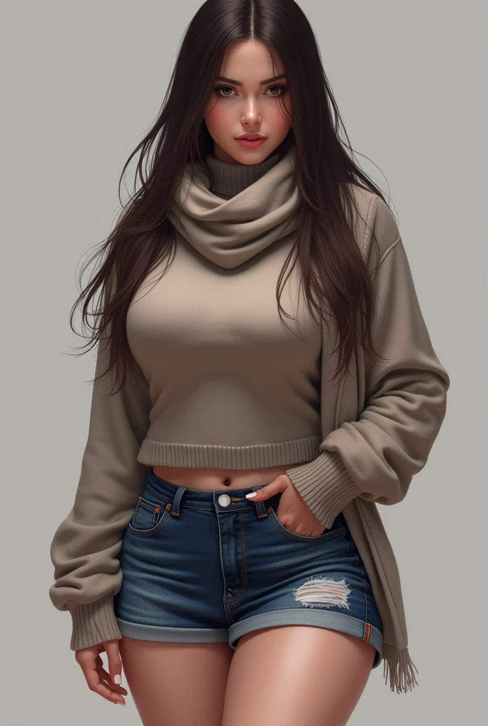 Full body shot of 1 beautiful woman, adult, large body, voluptuous woman, (very long straight hair),( brunette hair), outlined eyelids, made-up eyelids,  turtleneck sweater,  scarf, neckline, (unbuttoned mini denim skirt),  tempting , dreaming, curvy hourglass figure, oppai proportion, tight skirt , tall, tall, long legs