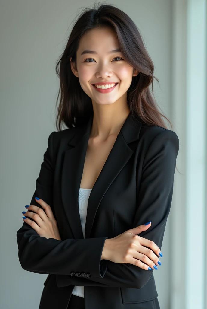 Create an 18-year-old Asian businesswoman, standing with arms crossed, displaying professionalism. She is smiling with a cute and charming face. The image is full-body, slightly revealing, and she looks youthful.
