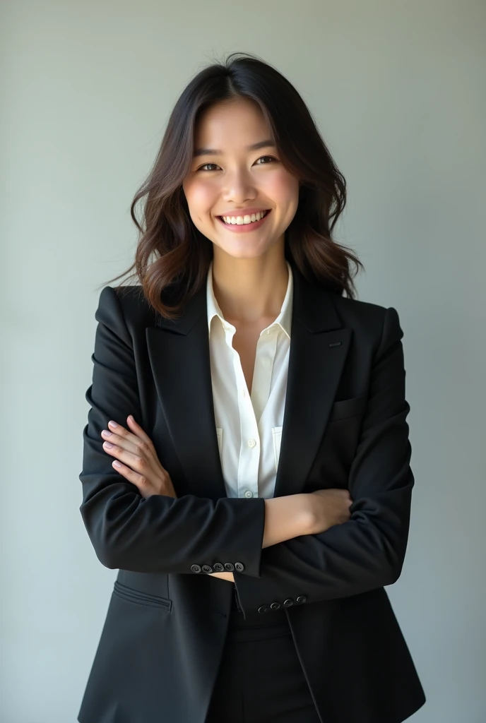 Create an 18-year-old Asian businesswoman, standing with arms crossed, displaying professionalism. She is smiling with a cute and charming face. The image is full-body, slightly revealing, and she looks youthful.