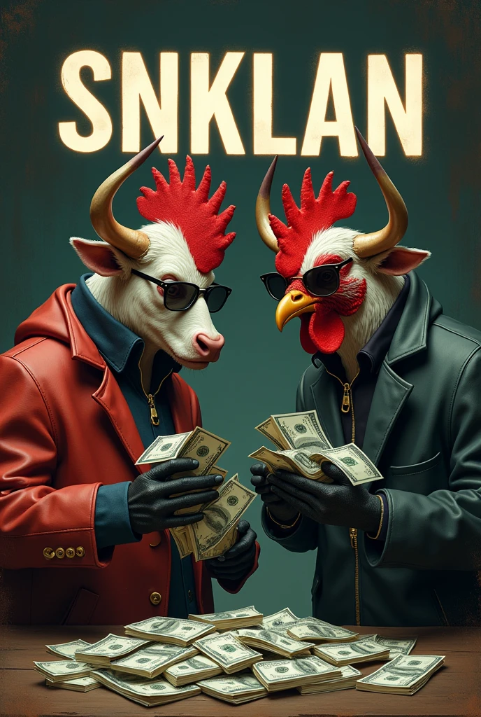 Letters that say SNKLAN IN THE BACKGROUND A BULL NEXT TO A ROOSTER counting money like gangsters