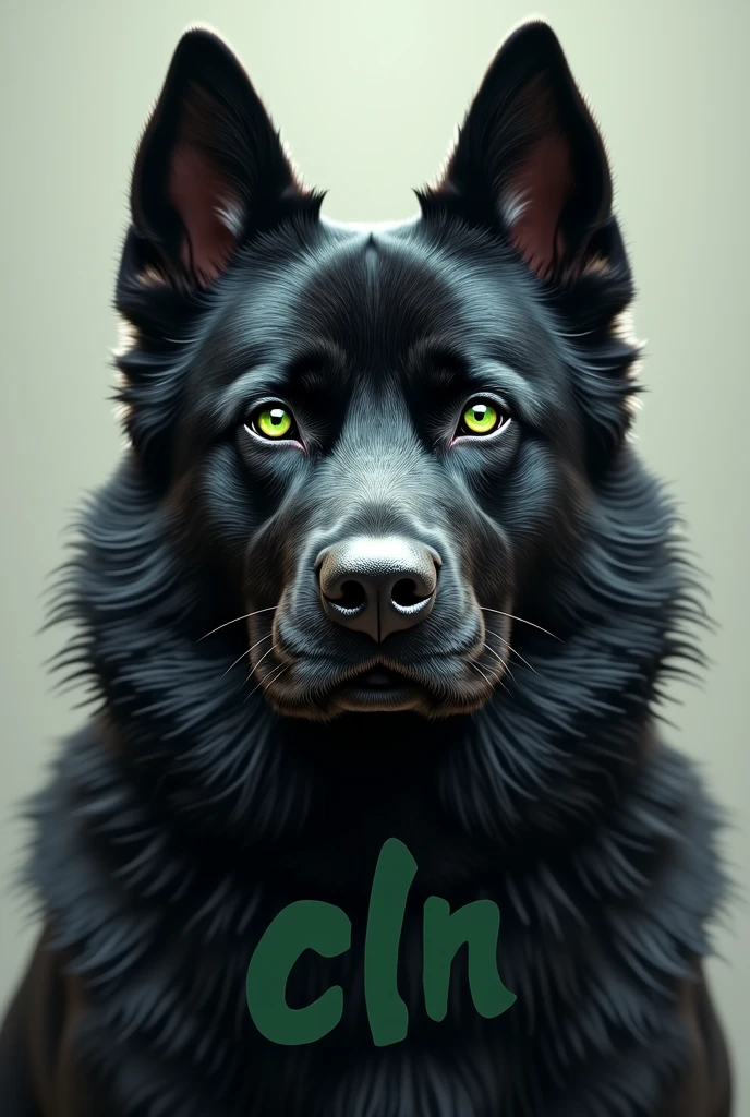 Realistic logo of an imposing black dog looking at the camera with green eyes formed with the letters cln