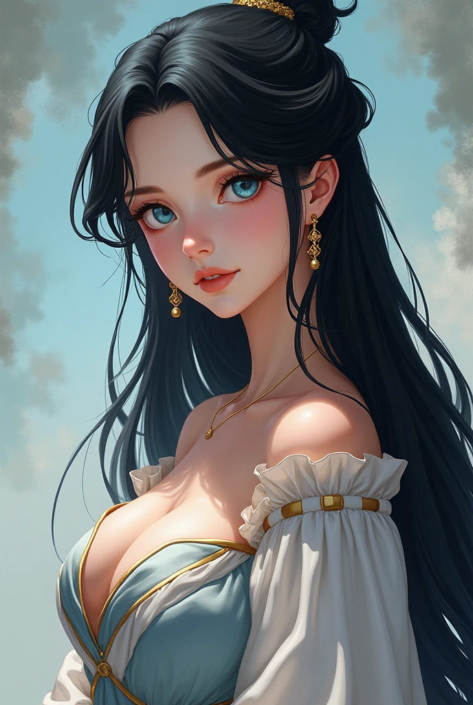 snow-white skin, jet black long hair, sea blue eyes, graceful gold earrings, young woman, extraordinary beauty, slightly reddened cheeks, Antiquity, Kleidungsstil der Antiquity, slightly muscular, big breasts, Antiquity im Hintergrund, anime style