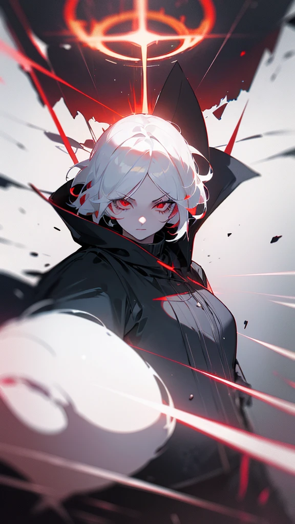 1girl, white hair, wild hair, red eyes, (white eyelashes:1.2), emotionless, red glow halo, mature, black coat, short hair, (chromatic aberration:1.2), reality break, destruction city, solo, (evil godness:1.2), digital dissolve, dynamic pose
