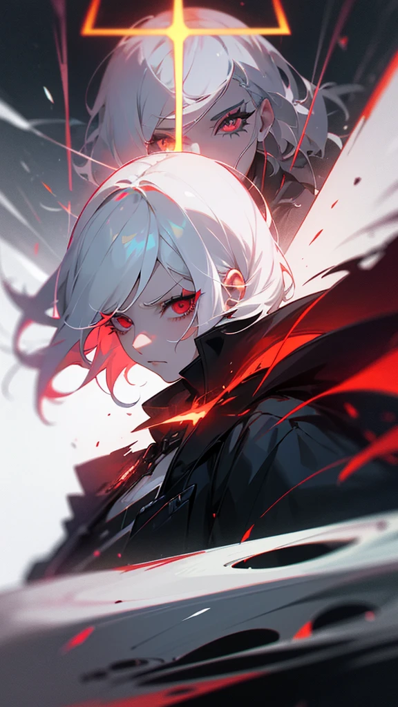 1girl, white hair, wild hair, red eyes, (white eyelashes:1.2), emotionless, red glow halo, mature, black coat, short hair, (chromatic aberration:1.2), reality break, destruction city, solo, (evil godness:1.2), digital dissolve, dynamic pose