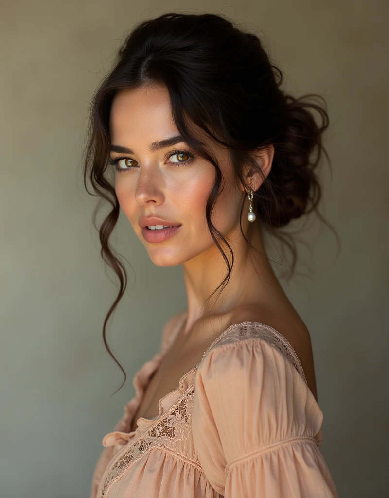 カリーナ・アエスパ, (masterpiece), (8K, realistic, RAW photo, best quality: 1.4), (1 woman), Model (Loane Normand:1.4), age 45, feminine,(a cute and beautiful face), (incredibly beautiful body), top-quality, masterpiece, high resolution, Photorealistic, highly detailed, true to life, detailed eyes, detailed beautiful nude skin ears, (no earrings), life-like detailed beautiful brown eyes, beautiful detailed ((styled updo loose hair bun and wavy long black brown layered hair)), (((hair tucked behind ears))), extremely detailed skin, wrinkles, slight skin blemish, sultry moist pink lips, (exceptional delicate perfect ears), hyper realistic dark brown eyes, sincere, confident, mesmerizing eyes facing down,(double eyelid), (realistic face), ((fresh dewy skin texture), (moist lips)), professional natural makeup, translucent white skin, realistic eyes, round iris black pupils glass sparkly eyes, beautiful ear skin texture, (realistic skin), beautiful skin, attractive, cute face, ultra high resolution, extremely realistic, very detailed, golden ratio, full view whole body photograph,wearing fashionable ((neutral colors coordinate amber peach light brown colors luxury outfit collar lace shirt)), Raw photography, flawless, professional lighting, woman's expression is calm thoughtful as she gazes slightly to the right side, overall mood is serene crisp morning nostalgic, shallow depth of field, high detail, elegant, pose: standing relax effortless ((Stand at angle turn towards right side, soft gaze, serene face eyes)), Realistic,sharp focus,(intricate:1.03),Hyper Real, sharp focus side body, (bare nude ears), award winning photography