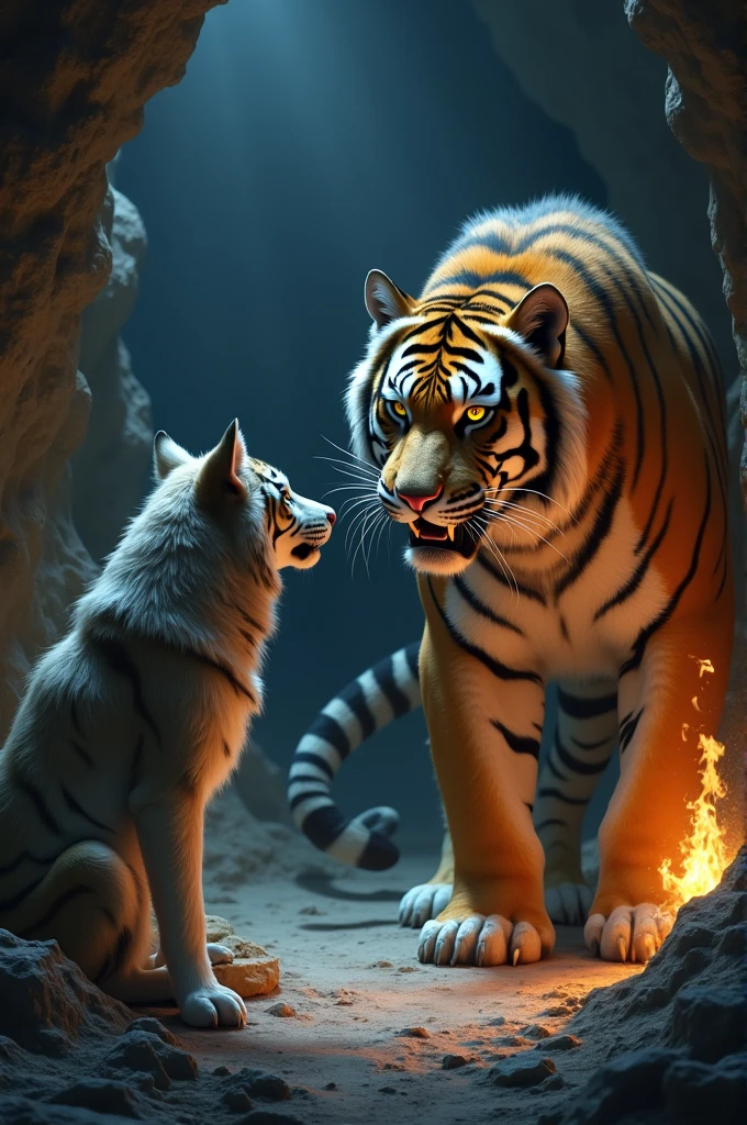 Inside the cave, the wolf boasts to the tiger who is listening.