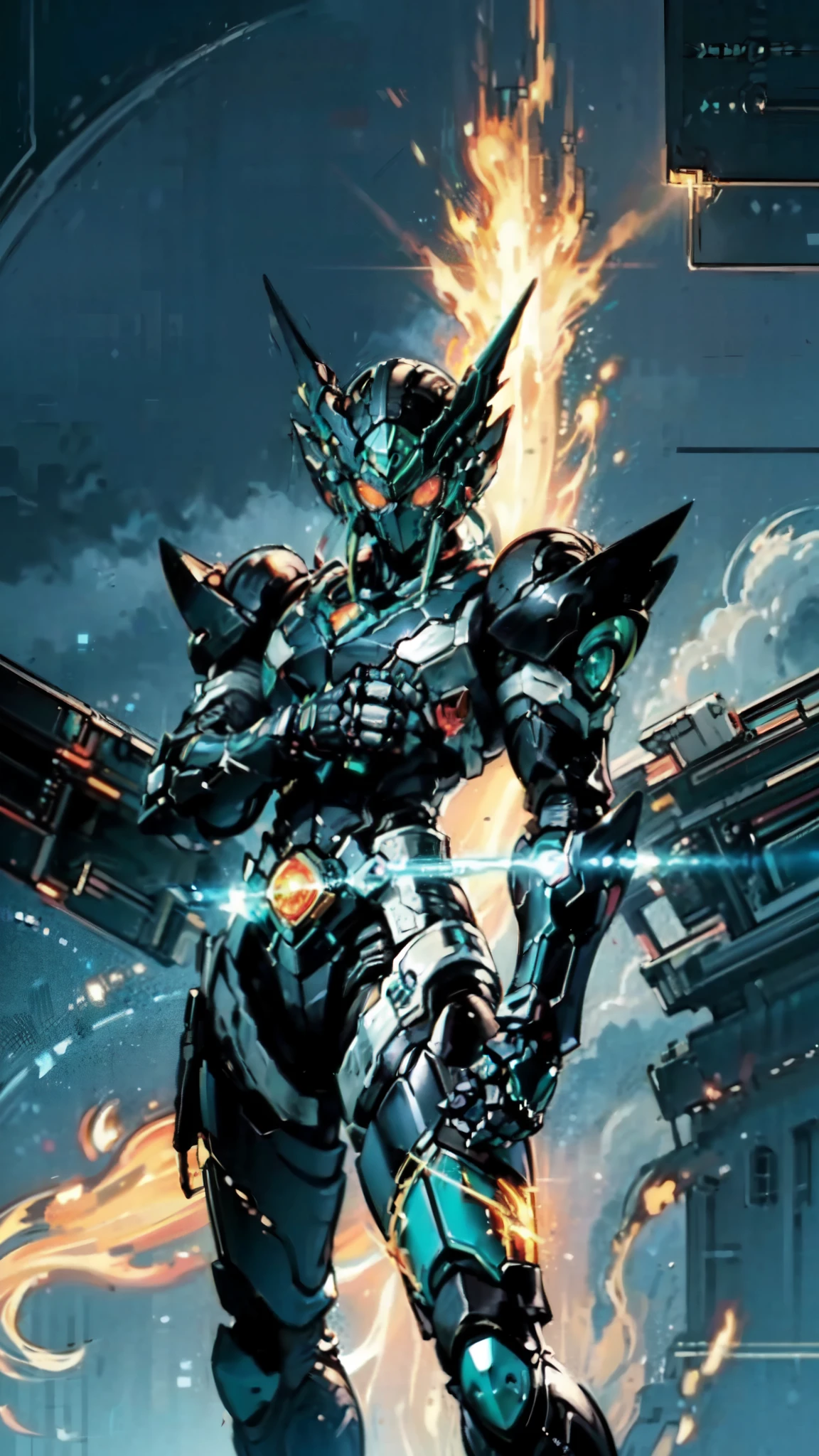(masterpiece:1.5, best quality:1.5, extremely delicate:1.5), a man wearing a full-face helmet, a fantasy-style biotech armored combat suit, green eyes, (a composite layered chest armor), fully enclosed shoulder guards, matching arm and leg guards, belt of Neon circuit, (the color scheme is primarily black with green and red accents), the design balances heavy with agility, a high-tech bio-mecha armor, (Armor Concept Inspired by Bee, stand on the top of a skyscraper in a futuristic sci-fi city), this character embodies a finely crafted fantasy-surreal style armored hero in anime style, exquisite and mature manga art style, (element, plasma, energy, the armor glows), ((male:1.5)), metallic, high definition, highres, ultra-detailed, ultra-fine painting, professional, perfect body proportions, golden ratio, anatomically correct, symmetrical face, extremely detailed eyes and face, high quality eyes, creativity, RAW photo, UHD, 32k, Natural light, cinematic lighting, masterpiece-anatomy-perfect