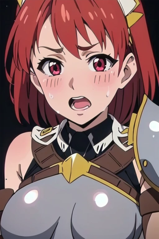 Cecily Campbell, big breasts, armor, breastplate, red hair, red eyes, 1girl, solo, looking at the viewer, upper body, (aroused facial expression), open mouth, blush, sweat, close-up, (simple dark background)