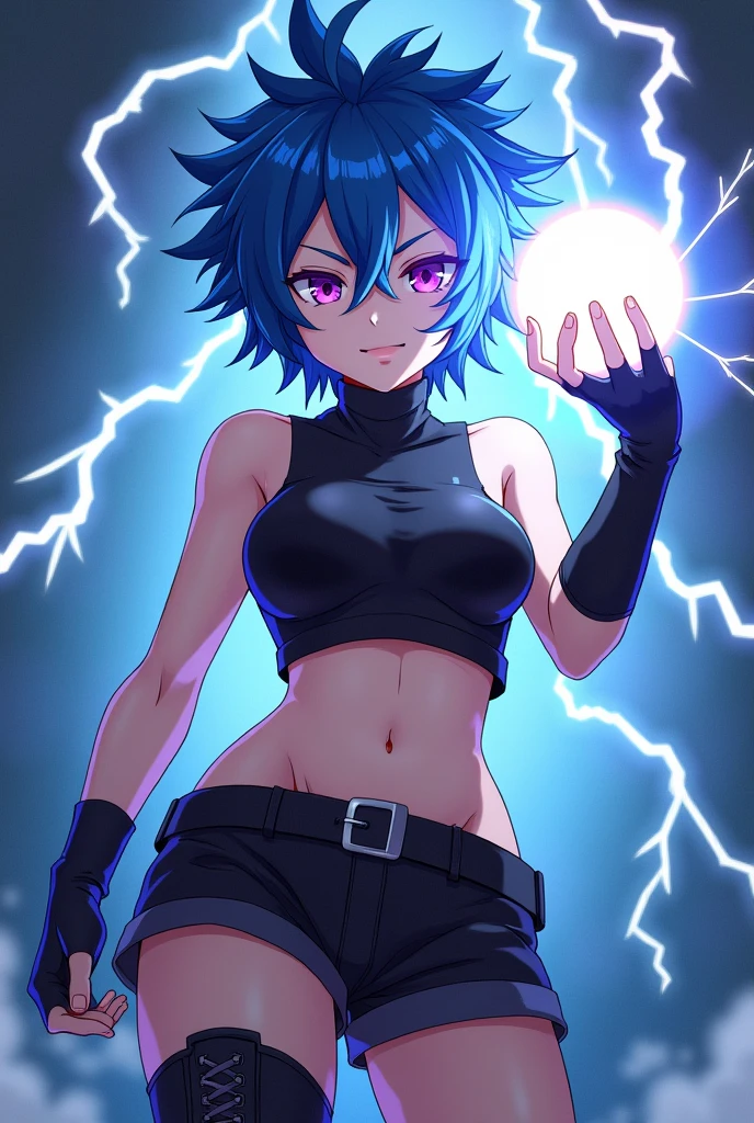 In a dynamic anime-style scene, the woman with spiky blue hair and striking purple eyes stands confidently. She wears a black tube top crop top with turtleneck details, paired with black sport shorts and combat boots. She holds a glowing ball of lightning dream energy in one hand, showcasing her control over the element. Her pose is assertive and powerful, with her spiky hair adding to her fierce and edgy appearance. The background features dramatic lighting to highlight the electric energy she wields, emphasizing her strength and commanding presence