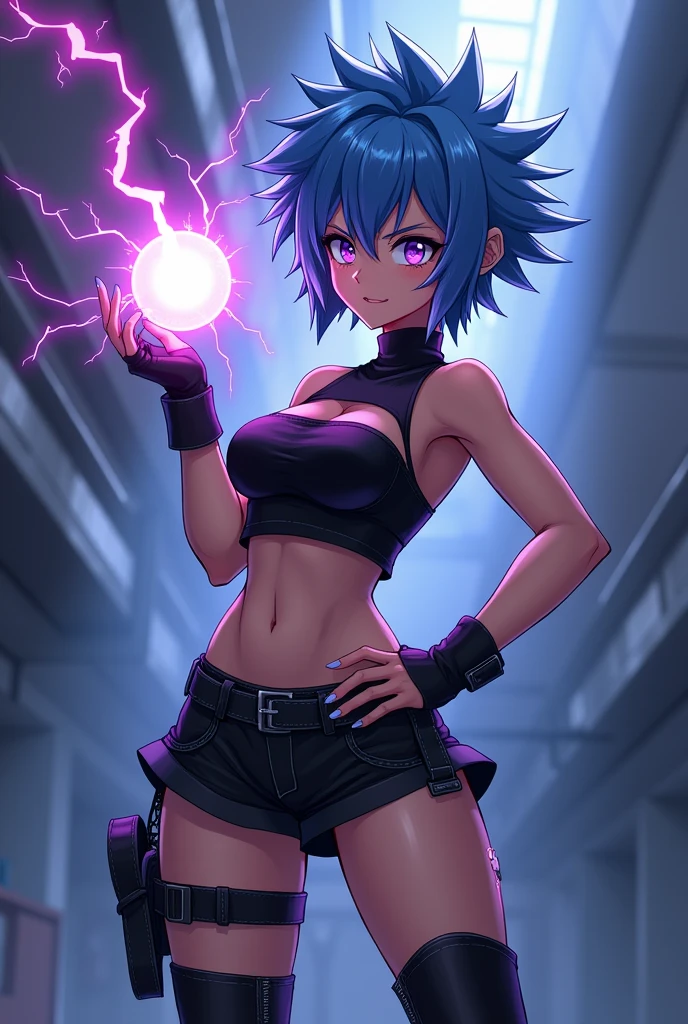 In a dynamic anime-style scene, the woman with spiky blue hair and striking purple eyes stands confidently. She wears a black tube top crop top with turtleneck details, paired with black sport shorts and combat boots. She holds a glowing ball of lightning dream energy in one hand, showcasing her control over the element. Her pose is assertive and powerful, with her spiky hair adding to her fierce and edgy appearance. The background features dramatic lighting to highlight the electric energy she wields, emphasizing her strength and commanding presence
