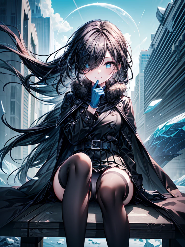 ((spread legs, sitting)),((Celestial Glacier)),(skirt-lift),((show panties)),((Highest quality)),((black micro mini length skirt)),((alone)),((Deep blue pupils)),((sparkling eyes)),(Beautiful Blue Eyes),((Wearing a black coat)),(((Wearing black tights))),(Slim body),((length, Shiny black hair)),((Her hair is parted, and you can see her eyes through it)),((Wearing black gloves)),((hair over one eye,long hair)),((Complex background)),((Hair blowing in the wind),(smile)