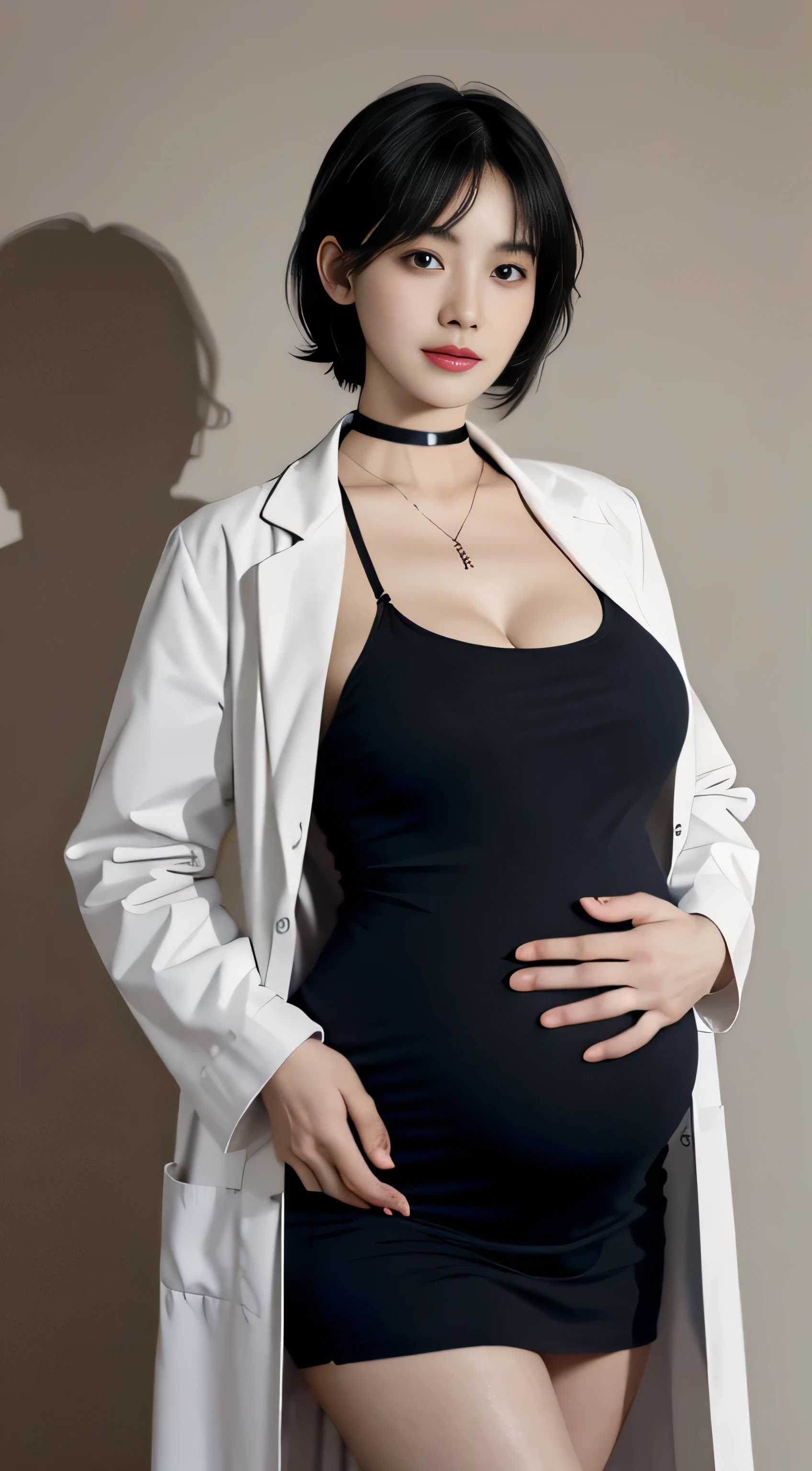 masterpiece, hot shot, ((best quality)), absurdres, perfect antomy, Tae Takemi, (Small smile), necklace, choker, dress, (Big breasts:1.3), braless, big pregnant belly, pregnant 40 weeks, labcoat, standing, doctor office background, sexy pose