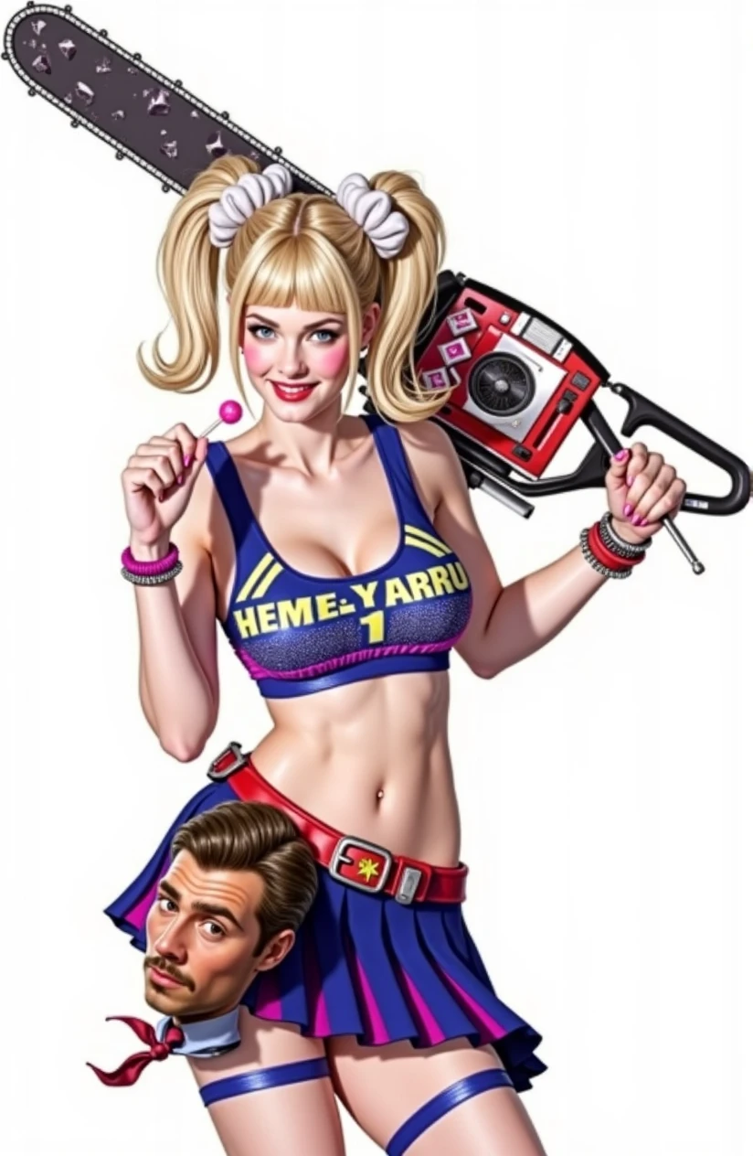 (score_9), score_8_up, score_7_up), professional photo, 8K, masterpiece, 4k, high quality, (best quality:1.1), 1girl, solo, slim figure, parted lips, smiling, a woman in a bikini top holding a chainsaw and lollypop, blonde hair, double bun, cheerleader clothes, miniskirt, there is a man's head with a tie hanging from his belt, stockings, navel, cleavage, sagging natural large size breasts, body mole, thick thighs, wide hips, perfect huge round ass, shiny skin, parted lips, blush, bracelet, cloth bracelet, DeepNegative_xl_v1
