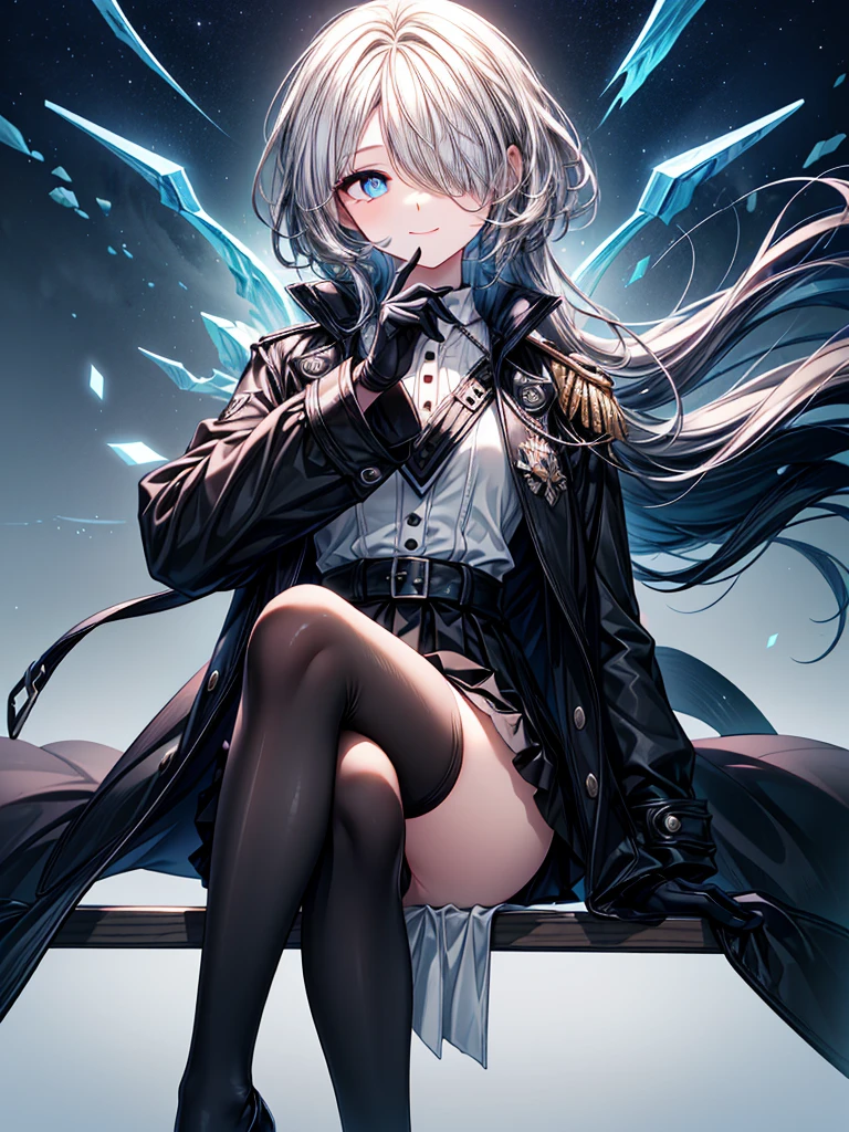 ((spread legs, sitting)),((Celestial Glacier)),(skirt-lift),((show panties)),((Highest quality)),((black micro mini length skirt)),((alone)),((Deep blue pupils)),((sparkling eyes)),(Beautiful Blue Eyes),((Wearing a black coat)),(((Wearing black tights))),(Slim body),((length, Shiny black hair)),((Her hair is parted, and you can see her eyes through it)),((Wearing black gloves)),((hair over one eye,long hair)),((Complex background)),((Hair blowing in the wind),(smile)