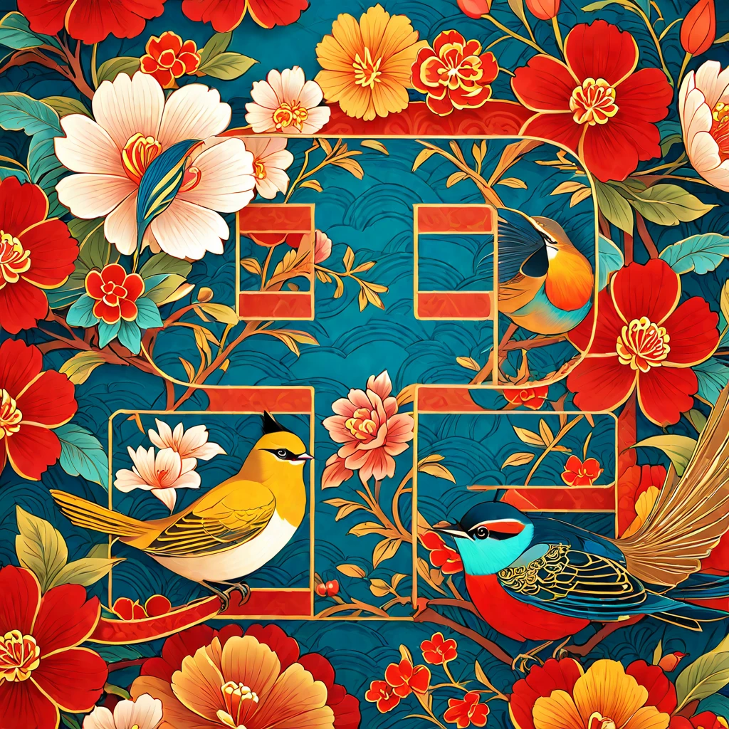 National Trend, Birds and flowers, wrap, Ultra HD, Filigree, Chinese elements, illustration