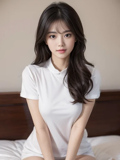 (1girl:1.3), Masterpiece, Best quality, amazing beauty, 4K, absurdres, finely detail, super detailed eye, perfect anatomy, official art, cinematic lighting, BREAK, bedroom, silky long hair, black hair, super shiny detailed brown eyes, Looking at Viewer(camera), closed-mouth smile, shy face, BREAK , big breasts, white skin, sitting bed in bedroom, BREAK , (Short-sleeved shirt:1.2), BREAK,()