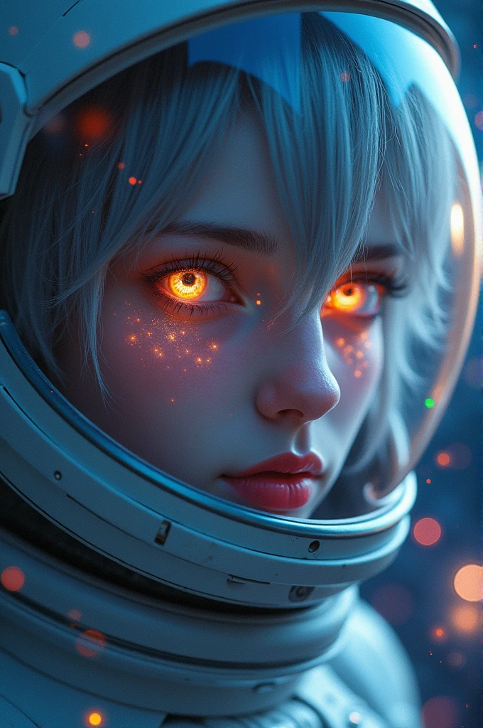 (Close-up of a better masterpiece:1.5)0.9], (Space and astronauts:1.2) (Messy silver hair:1.1) (Heterochromia xanthochromia and blue eyes:1.2) (Space Helmet:1.0) (Colored stars in the eyes:1.0) (A radiant glow:1.1) (thick lips:0.9)