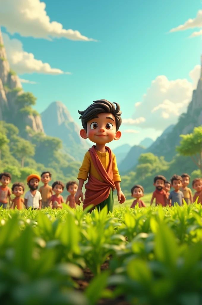 In cinematic 3cartoon style"
गांव के किसान रामू ने मेहनत और लगन से खेती की। वह सुबह जल्दी उठता और अपने खेतों में काम करता। कठिन परिस्थितियों के बावजूद, उसने अपने खेतों में सही तकनीक और उर्वरक का इस्तेमाल किया। धीरे-धीरे उसकी मेहनत रंग लाई और उसकी फसलें हर साल अधिक उपजाऊ होने लगीं। गांववाले उसकी खेती की सफलता देखकर प्रेरित हुए। रामू की सादगी और परिश्रम ने उसे गांव में आदर्श बना दिया। उसकी कहानी ने यह सिखाया कि सच्ची मेहनत और समर्पण से हर चुनौती को पार किया जा सकता है।