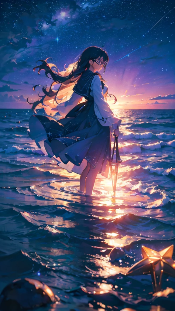 xcdd, dress, wading, star, water, sky, night, glowing, star, night sky, light particles, floating hair, (LilyPichuTI:0.9), glasses, absurdres, ultra detailed, aesthetic, detailed, sparkle, backlighting, masterpiece, best quality, UHD, high details, high quality, 8k