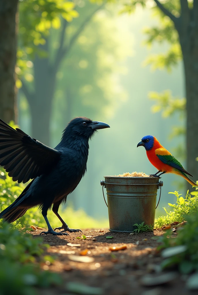 There was a black crow flying around in the forest.  He flew and met a beautiful colorful bird. He was jealous that his body was not beautiful. He flew and met a human paint bucket. and dunked