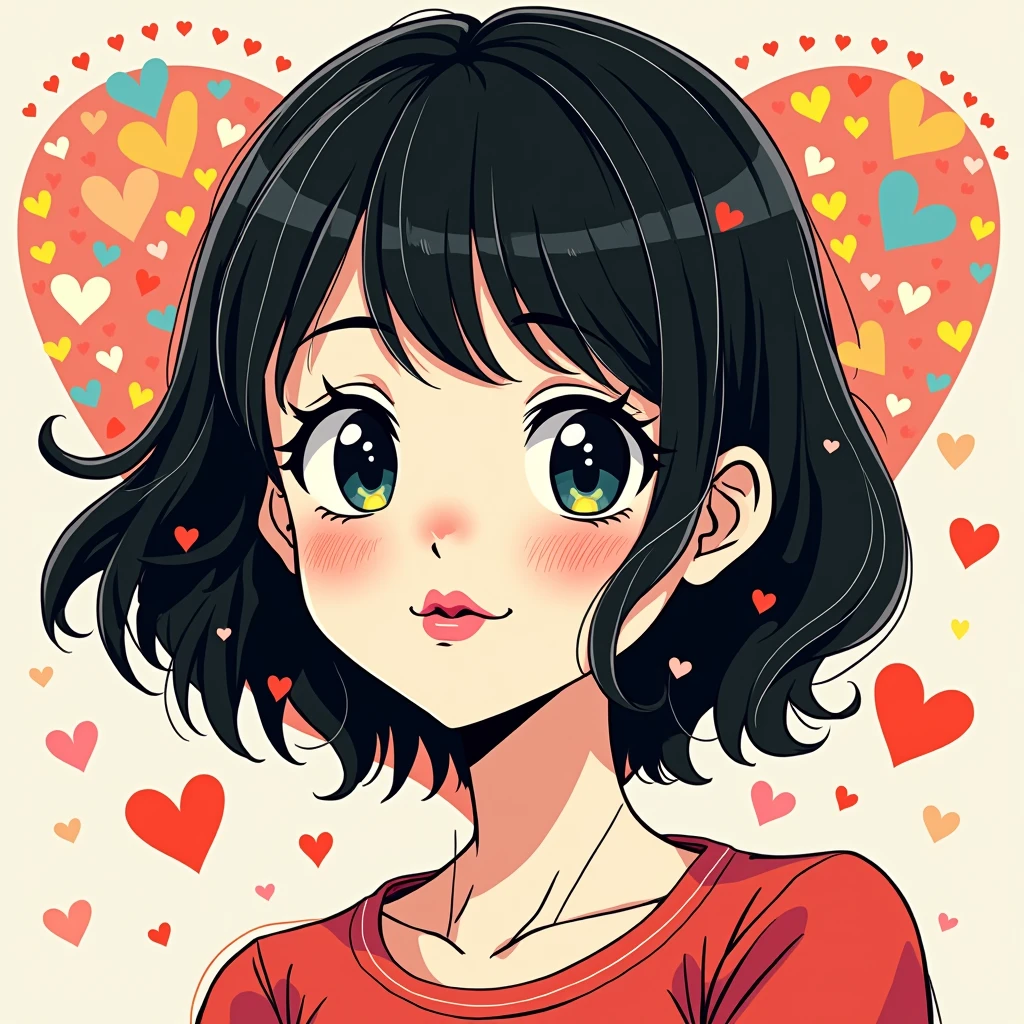 Makoto Shinkai colorful style, Simple Line Initialism,Abstract art,(((The most beautiful girl of all time))), Sweet face. (((Lips in love))), colorful hearts, stylish design, 夏のオシャレなTシャツ, 黒い瞳,