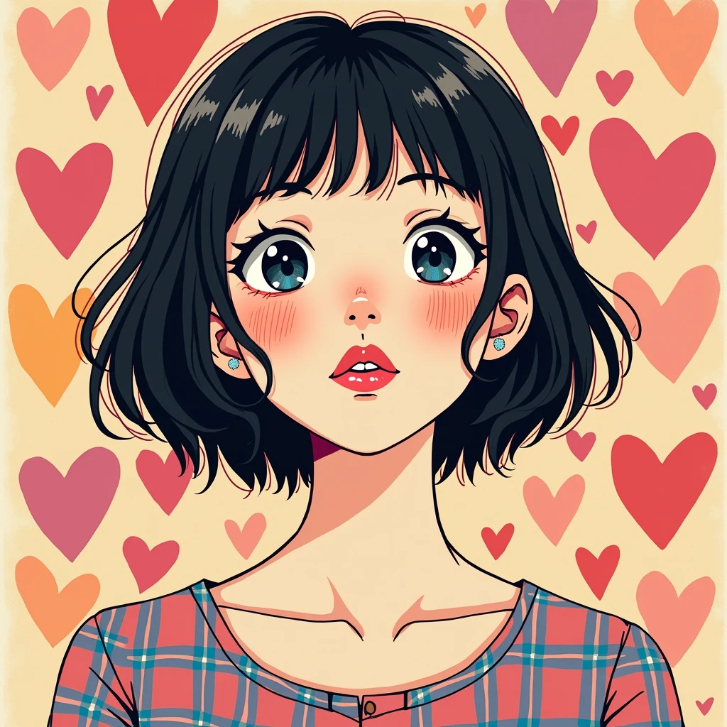 Makoto Shinkai colorful style, Simple Line Initialism，Abstract art，(((The most beautiful girl of all time))), Sweet face. (((Lips in love))), colorful hearts, stylish design, 夏のオシャレなTシャツ, 黒い瞳,