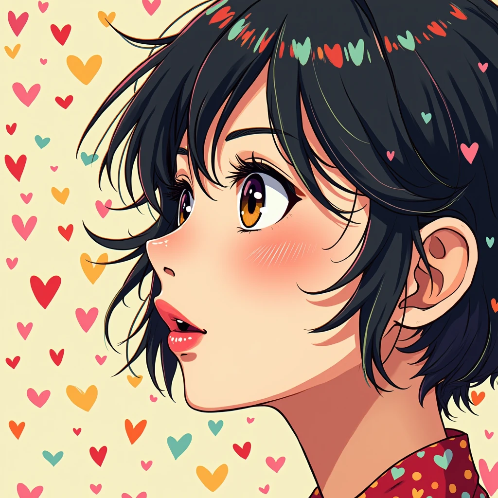 Makoto Shinkai colorful style, Simple Line Initialism,Abstract art,(((The most beautiful girl of all time))), Sweet face. (((Lips in love))), colorful hearts, stylish design, 夏のオシャレなTシャツ, 黒い瞳,