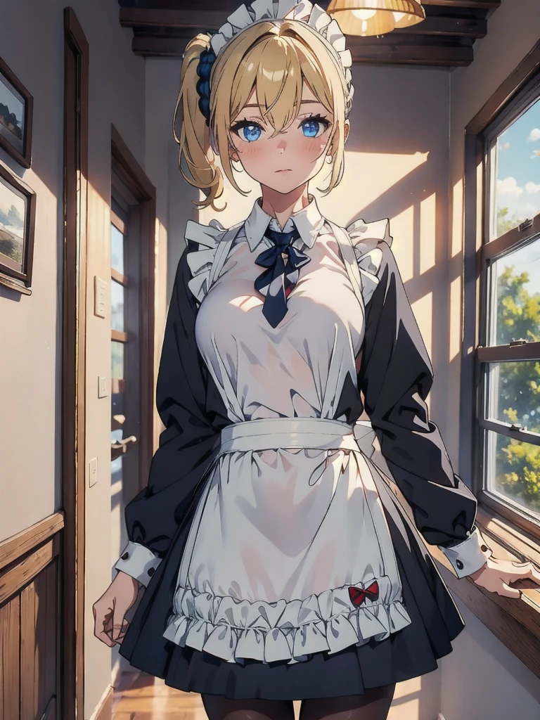 Masterpiece, Highest quality, High resolution, One girl, hayasaka ai, alone, Blonde, maid, blue eyes, Side Ponytail, Hair Scrunchie, hair ornaments, Blue Scrunchie, maid headdress, apron, Hair between the eyes, chest, Long sleeve, bangs, White shirt, Black Dress, Side Lock, maid apron, Black Pantyhose,  Cowboy Shot,  