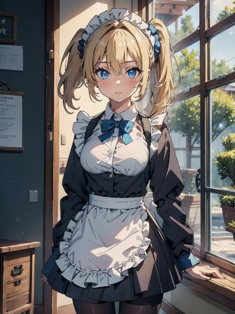Masterpiece, Highest quality, High resolution, One girl, hayasaka ai, alone, Blonde, maid, blue eyes, Side Ponytail, Hair Scrunchie, hair ornaments, Blue Scrunchie, maid headdress, apron, Hair between the eyes, chest, Long sleeve, bangs, White shirt, Black Dress, Side Lock, maid apron, Black Pantyhose,  Cowboy Shot,  