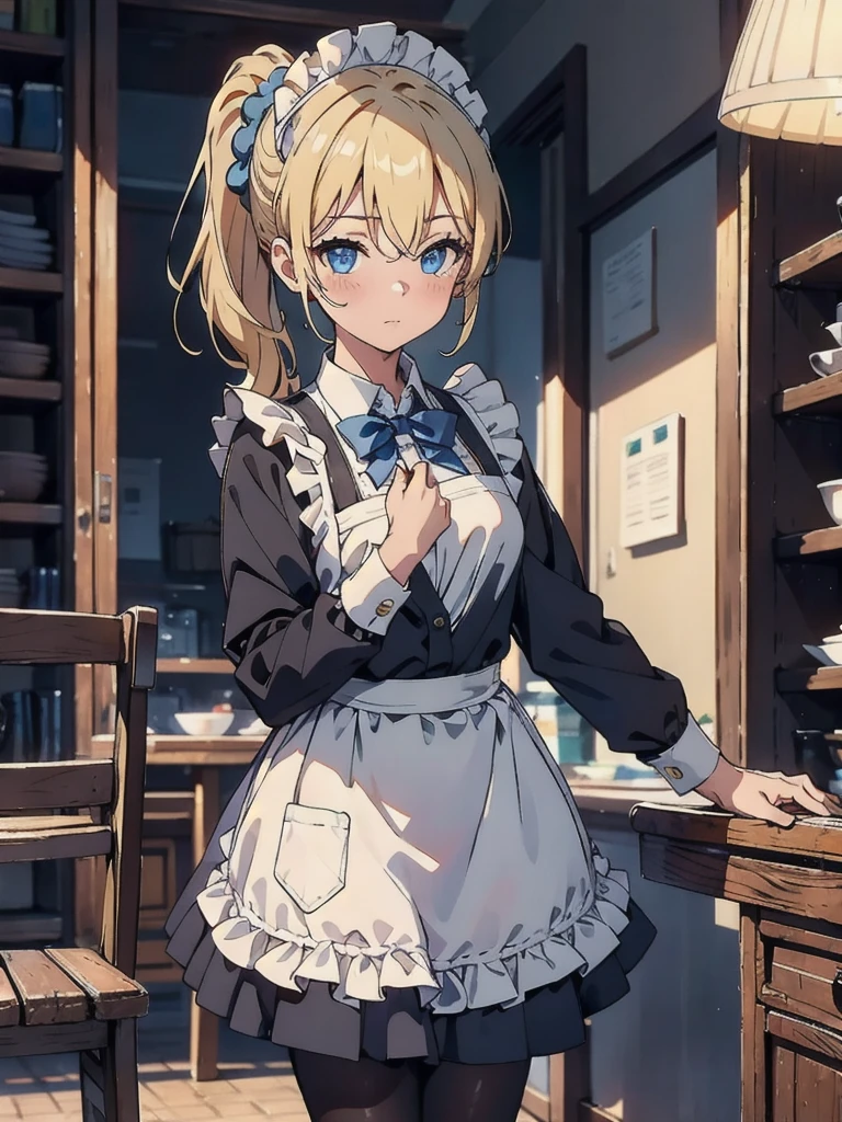 Masterpiece, Highest quality, High resolution, One girl, hayasaka ai, alone, Blonde, maid, blue eyes, Side Ponytail, Hair Scrunchie, hair ornaments, Blue Scrunchie, maid headdress, apron, Hair between the eyes, chest, Long sleeve, bangs, White shirt, Black Dress, Side Lock, maid apron, Black Pantyhose, Cowboy Shot,